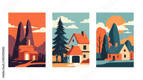 Vector landscape illustrations depicting charming houses nestled among trees and rolling hills under a vibrant sky