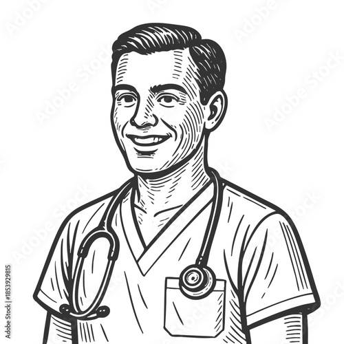 smiling male nurse wearing scrubs and a stethoscope around his neck sketch engraving generative ai fictional character vector illustration. Scratch board imitation. Black and white image.