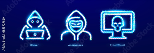 Hacker Attack Data Breach Malware Ransomware Dark Web Icons Set. Anonymous Mask Privacy Resistance Protest Operation Neon Logo. Cyber Threat Risk Alert Pics for Digital Business. Vector Illustration