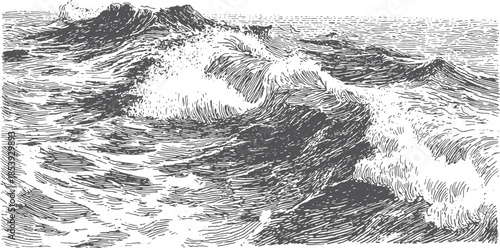 Ocean waves in line art style. Detailed black and white vector illustration of flowing water and agitated sea.