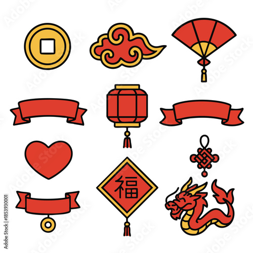 Red icon set, festival symbol, lantern, dragon, luck charm celebrate joy