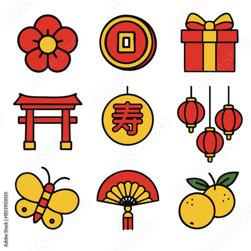 Red icon set Chinese New Year lantern gift coin torii gate fan citrus joy