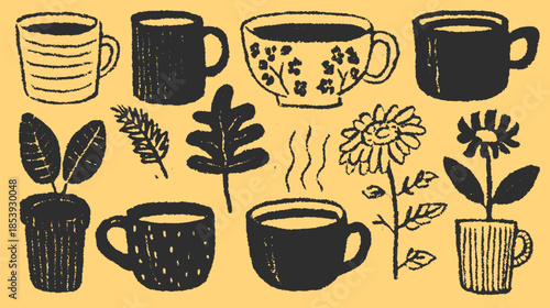 Set of black mugs and flowers. Simple hand-drawn vector illustration on a yellow background.