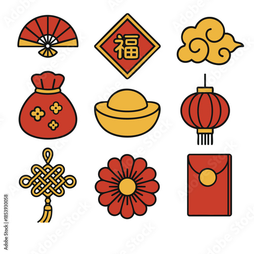 Chinese new year icon set, red gold, lantern, knot, envelope, joyful
