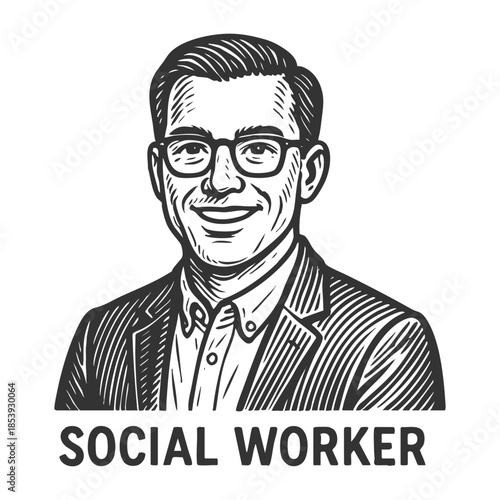 smiling male social worker in glasses and blazer sketch engraving generative ai fictional character vector illustration. Scratch board imitation. Black and white image.