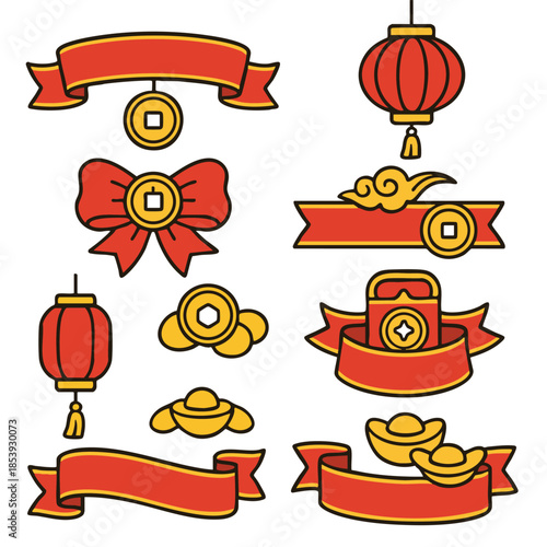 Chinese new year red lantern gold ingot lucky coin festive banner joyful design