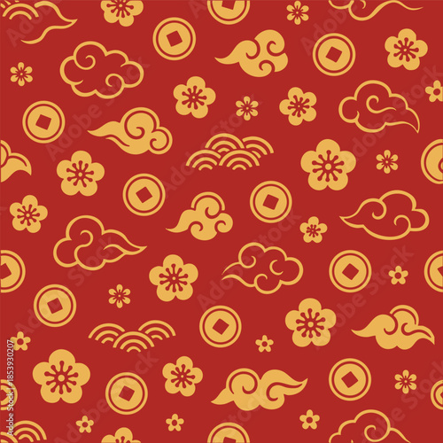 Golden cloud coin flower red seamless