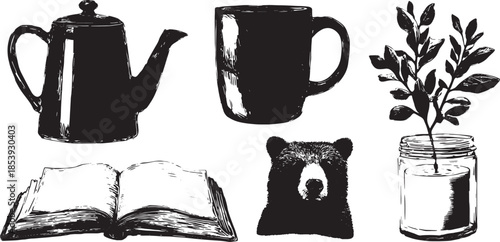Hygge home icons set featuring a teapot, cup, book, bear, and plant. Simple black and white vector illustration captures a cozy atmosphere.