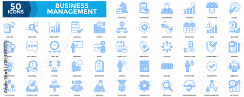 Business Management icon set. Containing strategy, planning, leadership, profit, teamwork, goals, budget, objective, structure, compliance, workflow, objective icon. Lineal Blue style