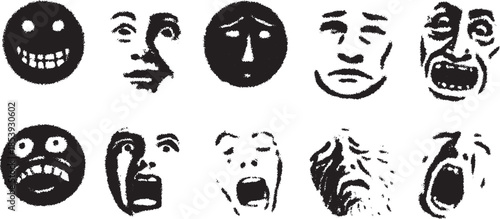 Expressive face doodles in a set. Features happy, sad, angry, and surprised emotions in a black and white vector illustration.