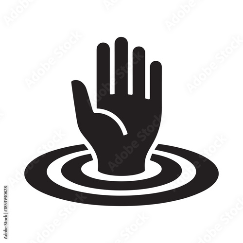 A black hand sinking into water with concentric ripple circles