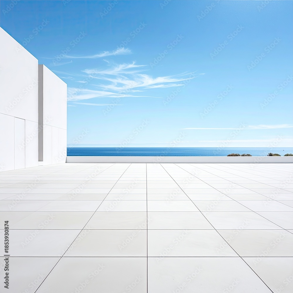 Obraz premium White modern terrace overlooking a tranquil ocean