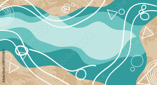 Abstract Wavy Background with Geometric Shapes and Teal Blue Waves