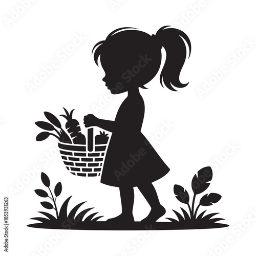 A little girl carries a basket of freshly gathered vegetables and plants