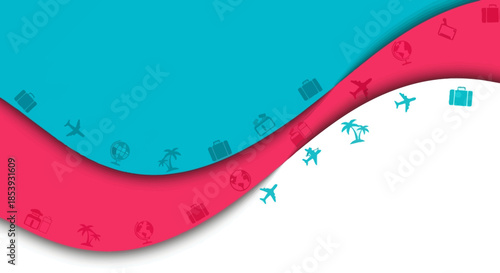 Colorful Travel Icons Wave Background - Airplane, Globe, Suitcase, Palm Tree