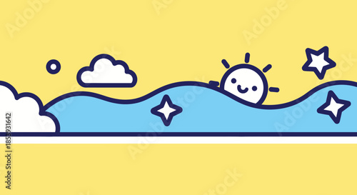 Cute cartoon sun peeking over wavy ocean with clouds and stars