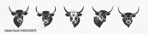 Set of bull head silhouettes, black and white vector illustration