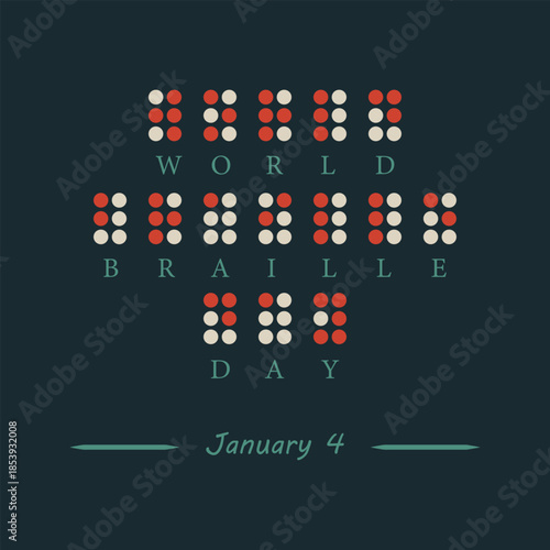 Modern flat illustration celebrating World Braille Day on January 4. Stylized braille dot typography forming text on a dark background. Educational design promoting accessibility, inclusion.