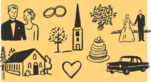 Wedding couple, rings, bouquet, church, and cake. Simple black and white vector illustration depicting love and celebration in a set.