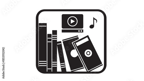 Digital Media Library Solid Icon with Books Audio and Video Vector