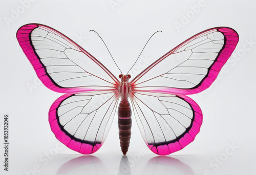 Cithaerias Glasswing butterfly with open wings, top view on white background, close-up photography