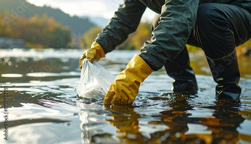 Environmental scientist collecting water samples from a river. Essential work for ecological health assessment, pollution monitoring, and conservation of natural aquatic ecosystems