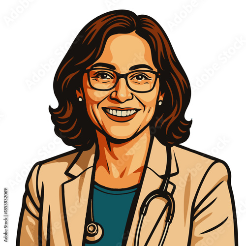 Professional illustrated portrait of a smiling woman doctor wearing glasses and stethoscope, representing healthcare, trust, and expertise. Generative ai vector colorful pop art illustration.
