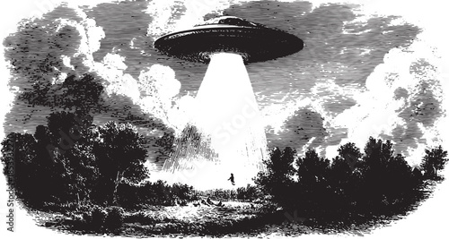 UFO illustration depicting a light beam and alien ship in a surreal nature setting. Black and white vector design creates a mysterious visual narrative.