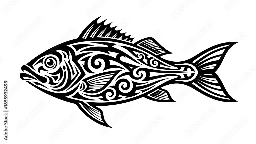 Fototapeta premium Tribal Fish Tattoo Design, Black and White Abstract Marine Animal Illustration