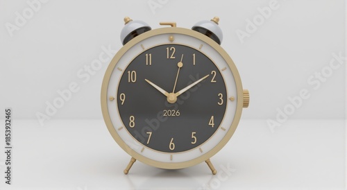 Stylish retro alarm clock with a modern beige and grey design, prominently displaying the year 2026