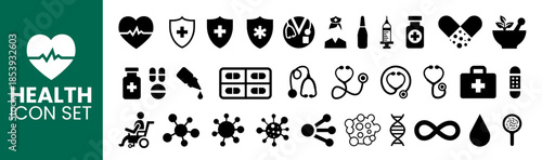 Comprehensive Health and Medical Icon Set. Featuring Healthcare Symbols, Stethoscope, Pharmacy Pills, Surgical Tools, DNA, Virus Graphics, and Hospital Equipment for Clinical and Wellness Design.