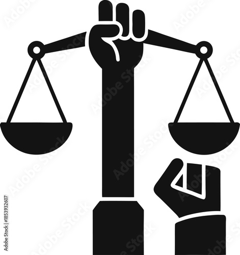 Hand holding scales solid icon, concept, Civil rights sign on white background, Justice scales in hand icon in glyph style for mobile and web design