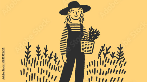 Farmer woman with a basket in a garden. Simple vector illustration featuring stylized plants and a flat design.