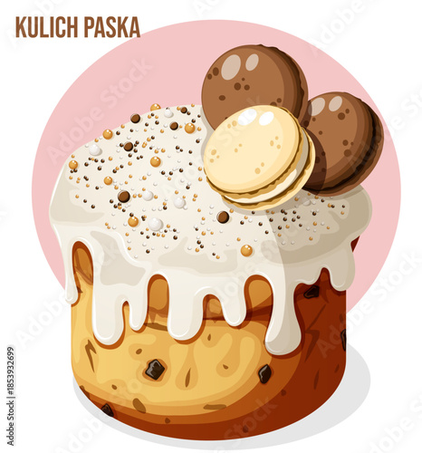 Russian Easter Kulich Cake Topped with White Sugar Glaze, Macaroons, and Decorative Sprinkles for Spring Festival