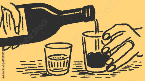 Drink being poured from a bottle into a glass. Simple black line illustration on a yellow background, featuring a cocktail vector set.