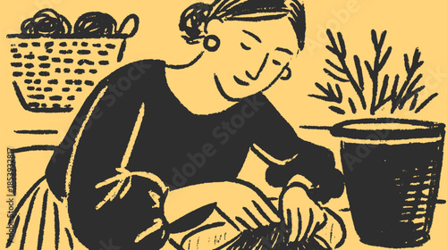 Woman cooking in a simple kitchen. Hands preparing food with a basket and plant in a black and white vector illustration.