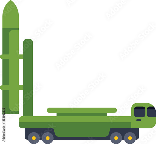 Mobile ballistic missile launcher truck with nuclear warhead standing ready to launch, military equipment, army machine, weapon concept vector illustration