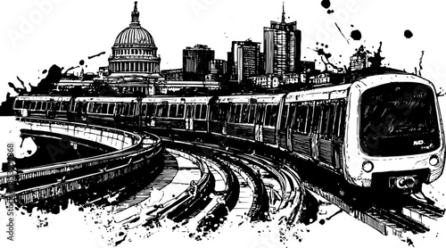 Train in city illustration. Black and white vector artwork of urban transportation with skyscrapers in the background.