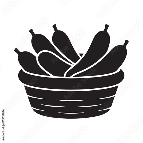 A black and white illustration of a basket filled with bananas