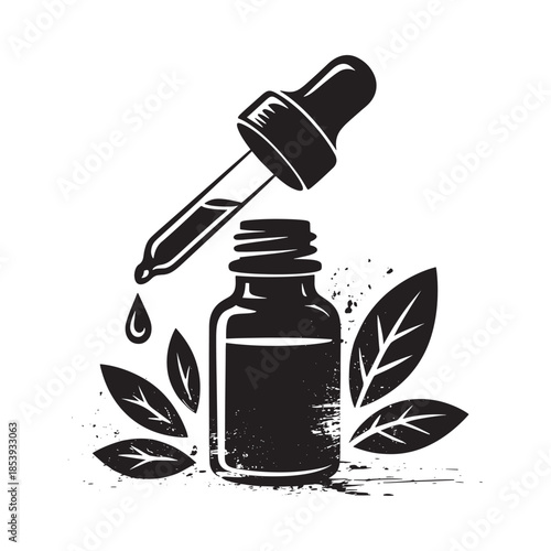 Essential oil dropper bottle with leaves a botanical wellness illustration