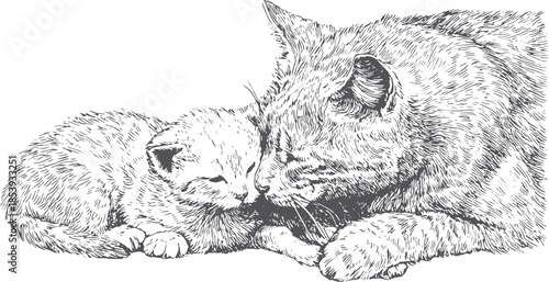 Cat and kitten in a closeup portrait. Detailed black and white vector illustration of a tender moment shared between the pets.