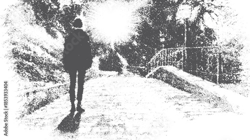 Person walking down a sidewalk. A serene outdoor vector illustration in black and white, highlighting shadows and light in a simple art style.