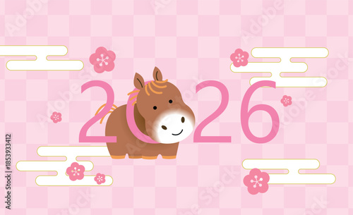Year of the horse 2026 with horse in numbers. Cute cartoon zodiac horse on a flowers pattern background.