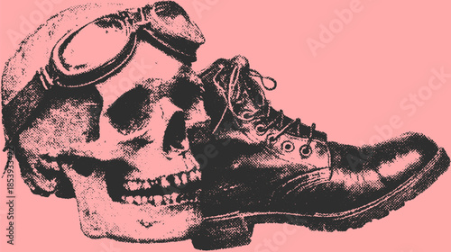 Skull with goggles and boot in vintage style. Black and white vector illustration on a pink background.