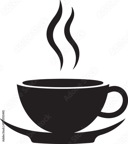 Minimal silhouette style vector tea cup logo design featuring clean black shapes, simple elegant line art, modern minimalist beverage icon ideal for café branding, tea shops, organic drink labels, pac