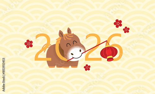 New year 2026 numbers with horse holding chinese lantern. Year of the horse cartoon greetings card.