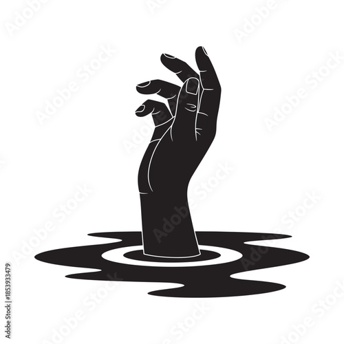 A silhouette of a hand emerging from dark rippling water or liquid