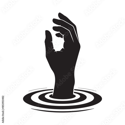 A black silhouette of a hand emerging from concentric water ripples