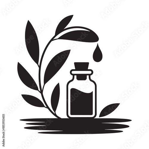A black and white illustration of a bottle with a plant and drops