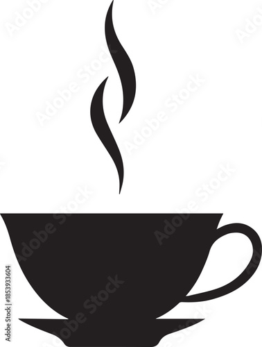 Minimal silhouette style vector tea cup logo design featuring clean black shapes, simple elegant line art, modern minimalist beverage icon ideal for café branding, tea shops, organic drink labels, pac